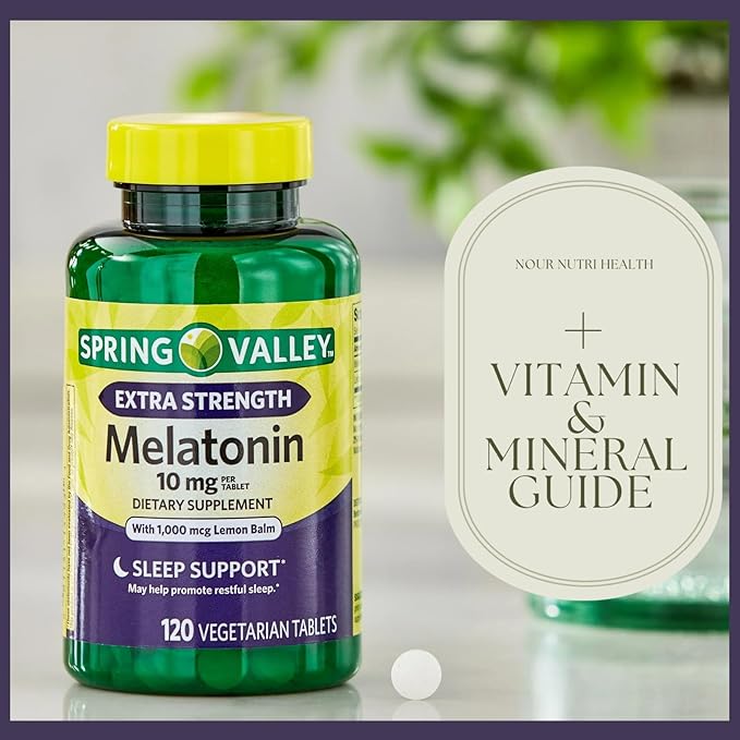 Extra Strength SPR -ing Valle Melatonin Tablets Dietary Supplement 10 mg 120 Count + Vitamin Guide Included and Sticker