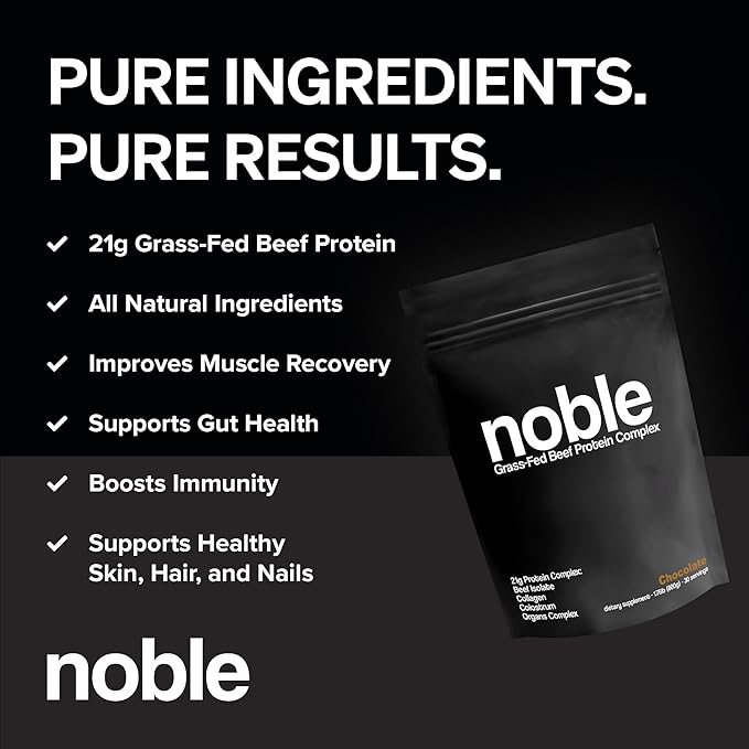 Noble All-in-One Chocolate Protein Powder 21g Grass-Fed Beef Protein &amp Collagen Colostrum &amp Organ Blend Whey-Free Seed Oil-Free Zero-Carb 30 Servings (1.75lbs)