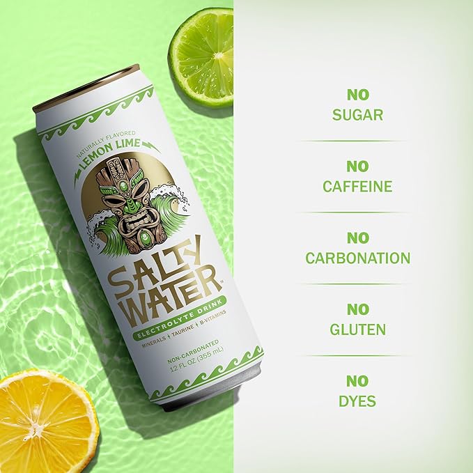 SaltyWater Electrolyte Drink Lemon Lime – Zero Sugar Premium Hydration Drink 10 Calories Minerals Taurine B-Vitamins Non-Carbonated - Zero Caffeine Electrolyte Sports Drink - Gluten Free - 12 Pa