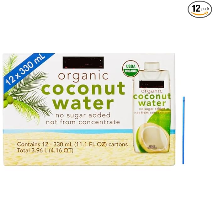 Coconut Water Organic Coconut Water No Sugar Added 11.1 Fl Oz 12 Ct With a Scooply Reusable Straw (Color May Very)