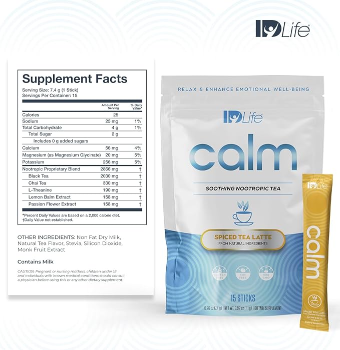 IDLife Calm - Cognitive Support Powder with Adaptogenic Blend for Concentration and Emotional Well-Being - 15-Day Supply 15 Sticks per Bag