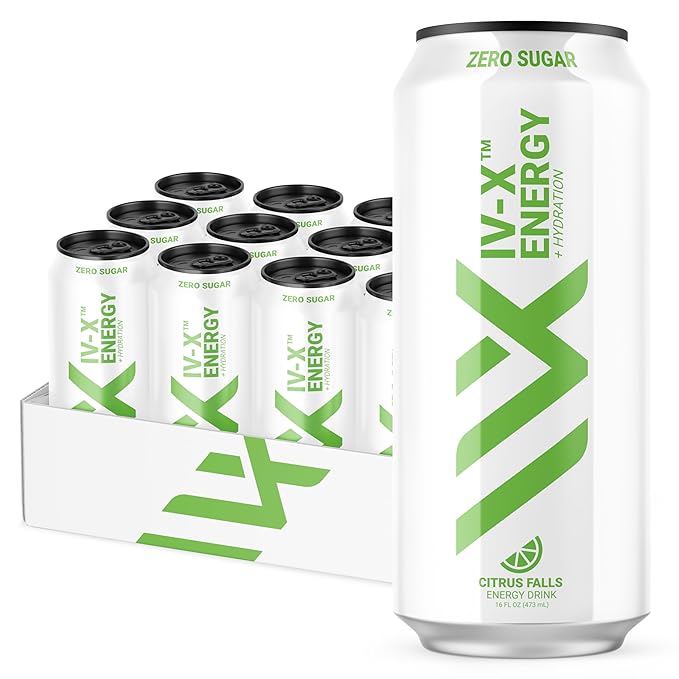 IV-X (IV-X - 12-Pack Citrus Falls 16oz Cans - Energy &amp Focus &amp No Artificial Colors - 200mg of Green Tea Caffeine Himalayan Salt &amp Utah Sea Minerals - Gluten-Free &amp Vegan Friendly)