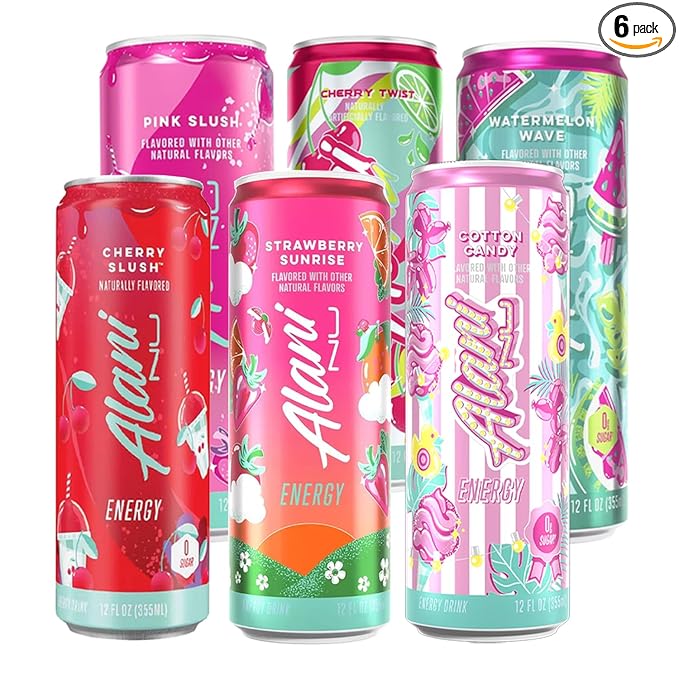 Alani Energy Drink Variety Pack – Sugar Free Low Calorie Energy Drinks – Assorted Flavors – 12 fl oz Cans (Pack of 6) (Cherry Slush Strawberry Sunrise Cotton Candy Pink Slush Cherry Twist Waterm