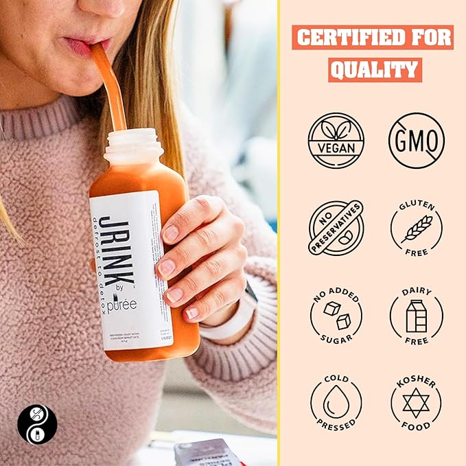 JRINK by Purée Organic Carrot Juice Cold Pressed Ginger Blend Healthy Cleanse Vegan Cold Press Beverage Non-GMO Organic Fruit and Vegetable Drink No Added Sugar 16 fl oz Bottles Pack of 12