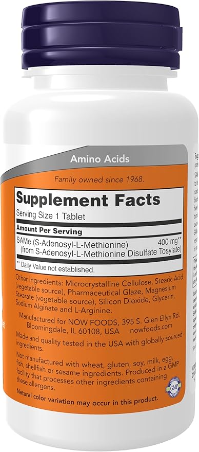 NOW Foods Supplements SAMe (S-Adenosyl-L-Methionine) 400 mg Nervous System Support* 60 Tablets