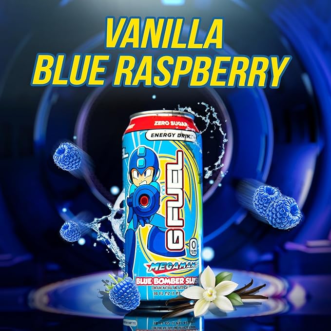G Fuel Energy Drink Blue Raspberry Sugar Free Beverage with 300mg Caffeine Daily Energy Boost with Focus Amino Vitamin + Antioxidants 16 oz Cans (Megaman Blue Bomber 12-Pack)