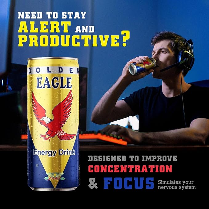 Golden Eagle Energy Drink - 8.4 fl oz Cans (24-Pack) - Albanian Energy Drink Real Sugar Enhanced Energy &amp Focus Vitamins &amp Minerals Perfect for Athletes &amp Professionals Natural Taste M