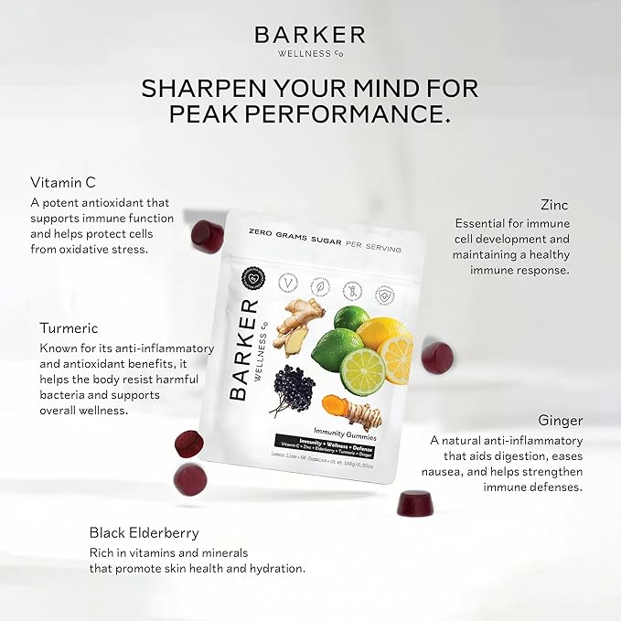 Barker Wellness Immunity Gummies with Vitamin C Zinc Elderberry Turmeric &amp Ginger for Daily Immune Support | Vegan Sugar-Free Lemon-Lime Flavor | Seasonal Wellness Essentials 60 Count