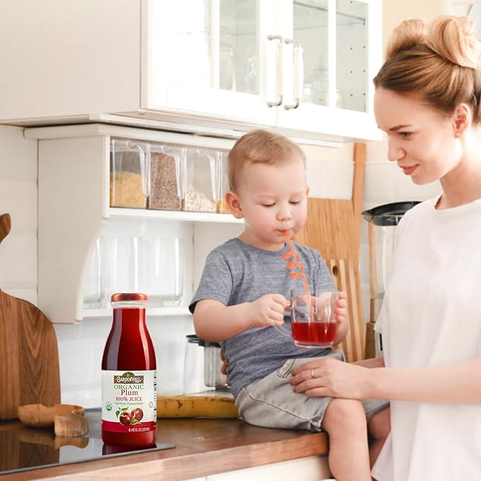 Gardenville Organic Plum Juice (Pack of 12) USDA Organic No Added Sugar U Kosher Certified Pasteurized 8.4 oz Glass Bottles (Plum)