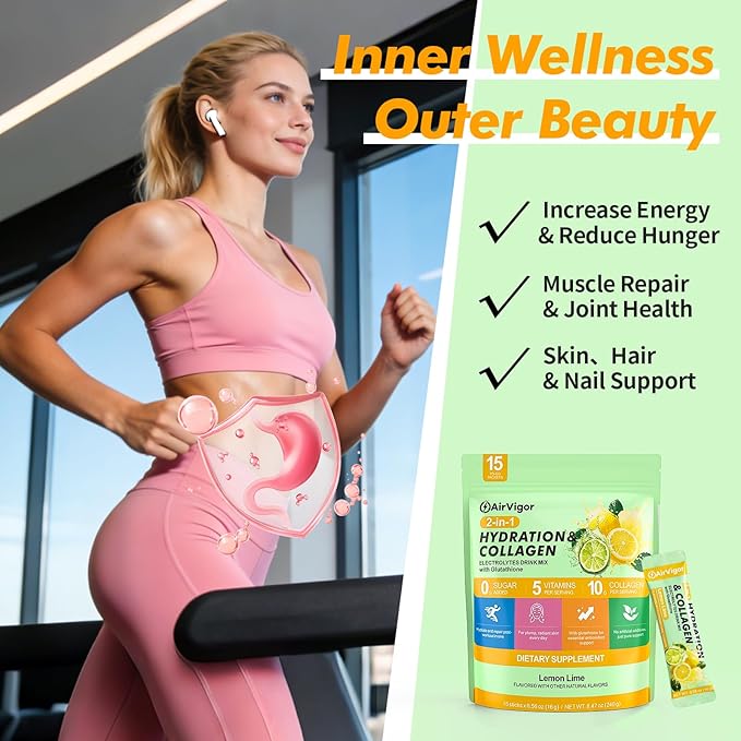 Electrolyte Collagen Powder Packets 10g Collagen Protein Drink Mix for Hydration Recovery Zero Sugar 2-in-1 Post Workout Rehydration Joint Skin Muscle Support 5 Vitamins Lemon Lime