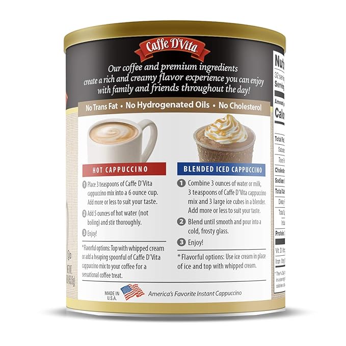 Caffe D'Vita White Chocolate Raspberry Cappuccino Mix - Instant Cappuccino Mix Gluten Free No Cholesterol No Hydrogenated Oils No Trans Fat 99% Caffeine Free White Chocolate Powder - 16 Oz Can