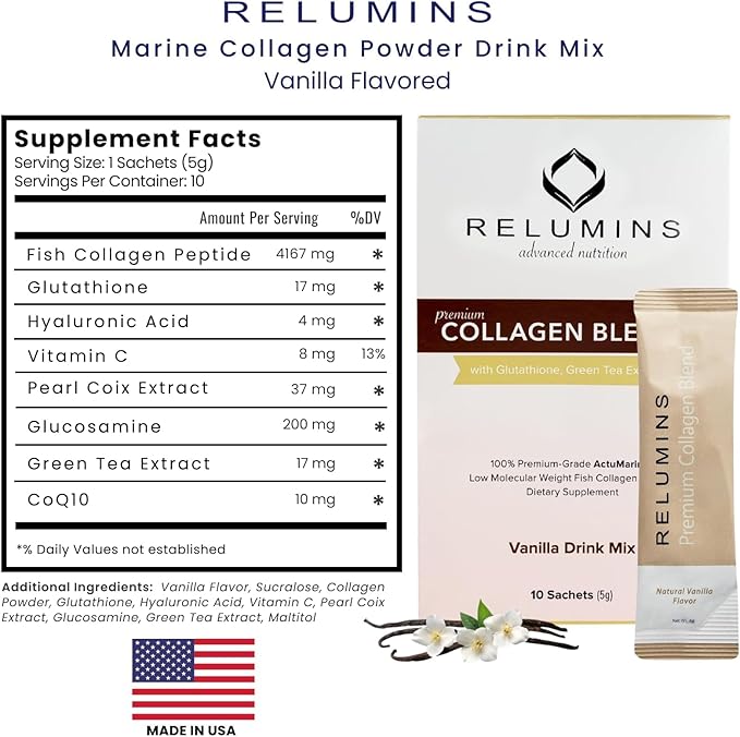 Relumins Premium Collagen &amp Advanced Gluta-1000 Bundle - 10 Sachets of Marine Collagen (Vanilla Flavor) + 60 Vegetarian Capsules - Supports Healthy Radiant Skin
