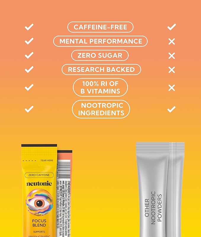 Neutonic Nootropic Focus Blend Powder | Peach Mango 16 Sticks | Caffeine Free Zero Sugar | Support Memory Mental Clarity Cognitive Function | Boost Focus Energy Brain Health