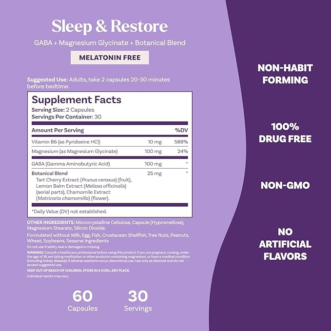 Natrol Sleep &amp Restore Capsules with Magnesium Glycinate 100mg GABA Essential for Your Ultimate Restorative Sleep Melatonin-Free 30 Day Supply 60 Capsules (Pack of 2)