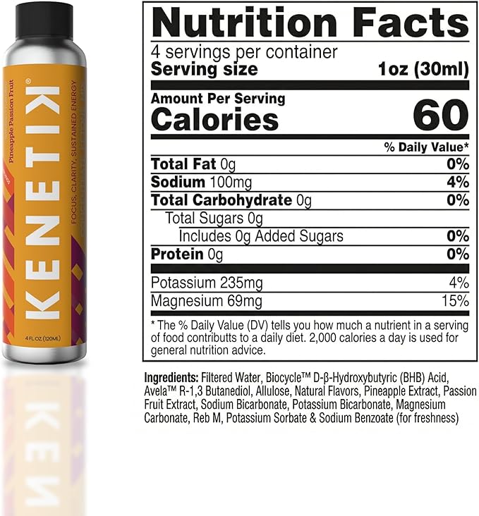 KENETIK Caffeine-Free Focus Concentrate – Brain Fuel for Mental Clarity Cognitive Endurance Sugar-Free Bioidentical Ketones (D-BHB) 4oz (4 Servings) – 3 Pack Pineapple Passionfruit