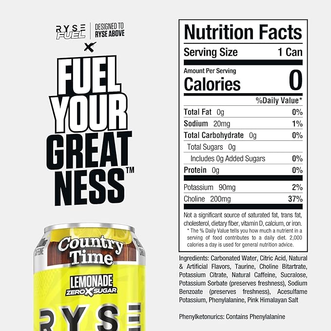 RYSE Fuel Energy Drink - Country Time Lemonade - Sugar Free Gluten Free &amp Vegan - 200mg Natural Caffeine Taurine &amp Choline for Focus &amp Energy - No Artificial Colors - 16 fl oz Cans (12-P