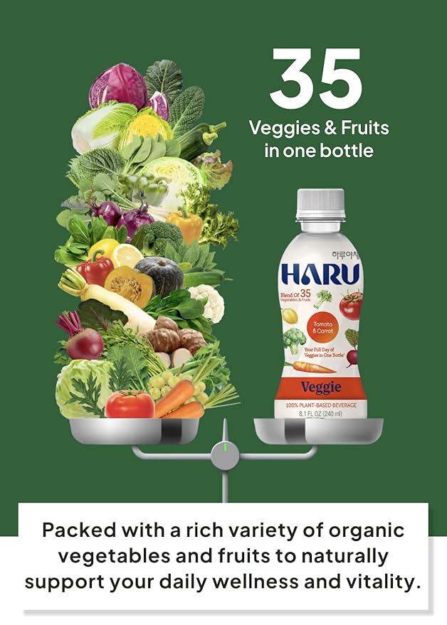 Korean Food HARU Veggie Tomato &amp Carrot Plant-Based Vegetable Drink 8.1 fl oz (240ml) × 24 Bottles