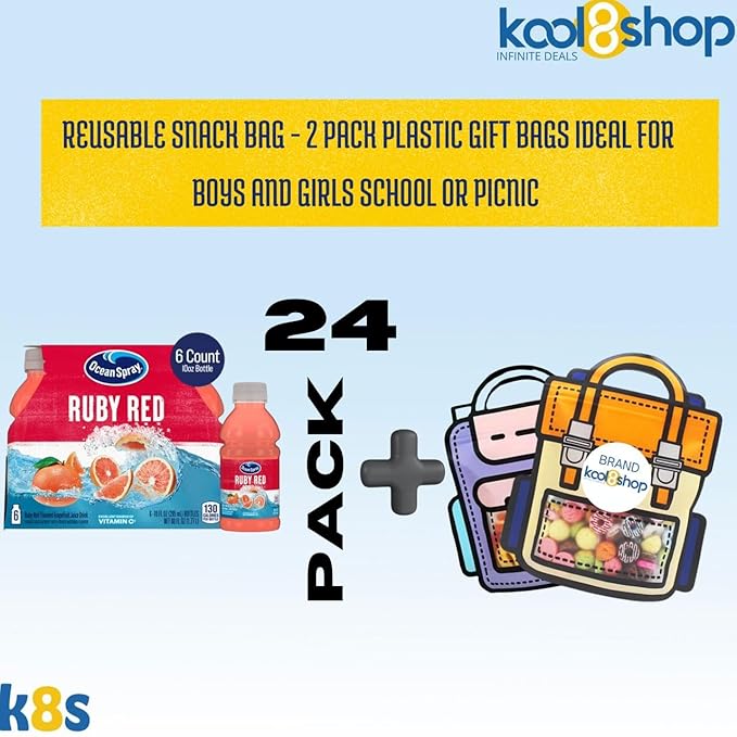 Ocean Spray Ruby Red Fruit Juice Drink 10 fl oz Plastic Bottles 24 Pack + 2 Reusable Snack Bags by KOOL8SHOP Infinite Deals