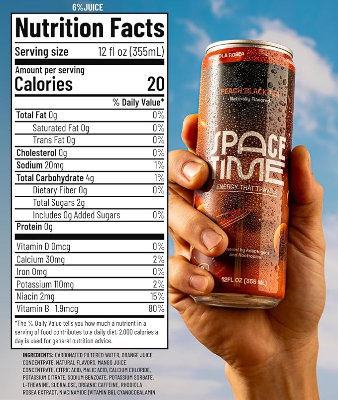 SpaceTime Productivity &amp Focus Energy Drink – Real Juice Infused Nootropic Drink with 50mg Organic Caffeine L-Theanine Rhodiola &amp B Vitamins – Clean Low-Caffeine Brain Boost – Peach Black T