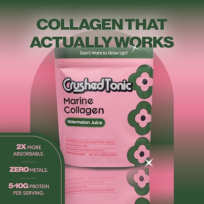 Crushed Tonic Korean Beauty Collagen Powder | Hydrolyzed Marine Collagen Peptides for Skin Glow Hair &amp Nails | K-Beauty Drink | Gluten-Free Halal &amp Kosher (Watermelon 30 Servings (150 g) P
