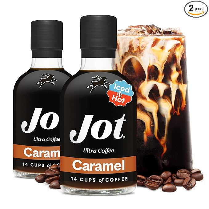 Jot Coffee Concentrate (Caramel) High Caffeine Cold Brew Coffee Concentrate Liquid for Iced Coffees Instant Espresso Hot or Cold Instant Coffees - Makes 14 Cups 150mg Caffeine/Tbsp Sugar Free