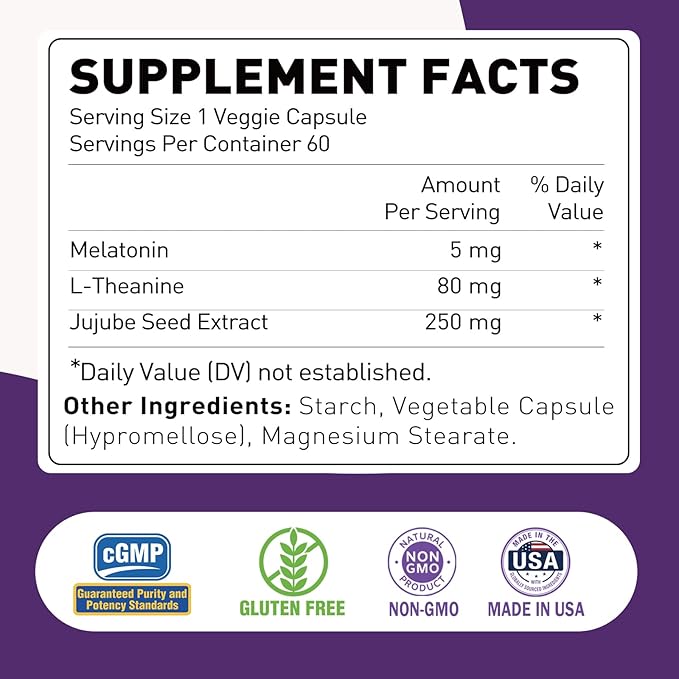 Melatonin 5mg Supplement with L-Theanine &amp Jujube Seed Extract Support Sleep &amp Relaxation Vegan Non-GMO 60 Capsules