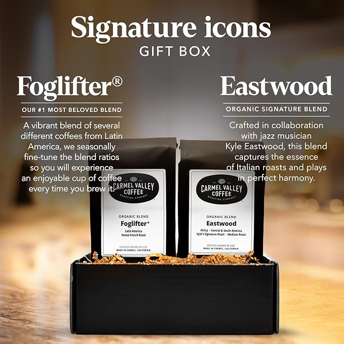 Carmel Valley Coffee Roasting Signature Icons Gift Box Organic Whole Bean Coffee Gift Set Featuring Foglifter® French Dark Roast &amp Eastwood Medium Roast 2 × 12oz Bags