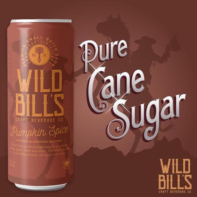 Wild Bill's Pumpkin Spice Soda Classic Craft Soda Pop Soft Drinks Sodas Made with Pure Cane Sugar Caffeine Free NO High Fructose Corn Syrup Gluten Free Vegan Low Sodium 12 Oz 12 Pack