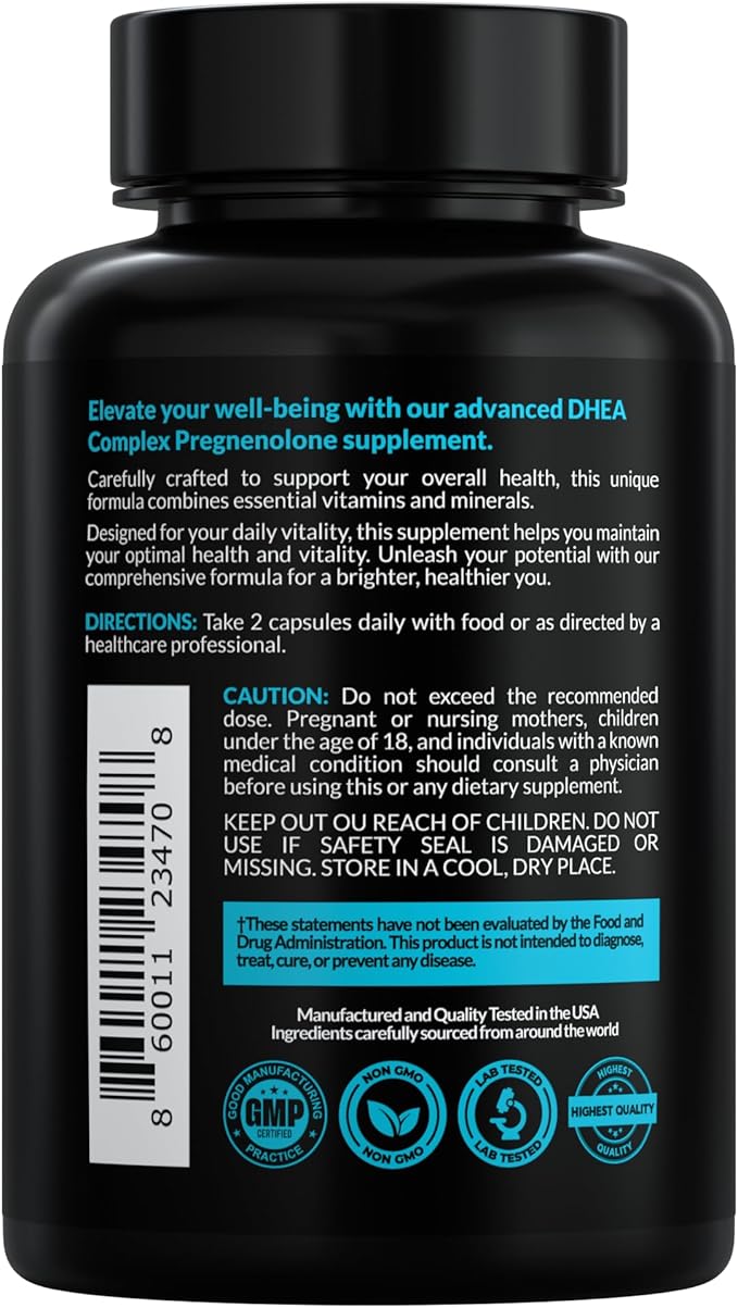 DHEA Micronized 200mg Complex with Pregnenolone 100mg Supplement for Men &amp Women with Ashwagandha DIM Magnesium Boron Calcium  Zinc Vitamin D3 C and B6 Hormone Support - Made in USA 90 Caps