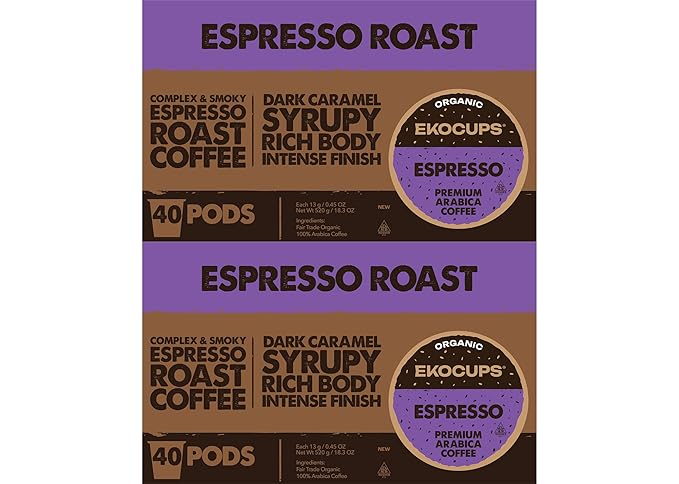 EKOCUPS Organic Espresso Coffee Pods Extra 30% More Coffee Per Cup Fair Trade Dark Roast Coffee Pods Espresso Roast for Keurig K Cup Machines Recyclable Pods 80 Count