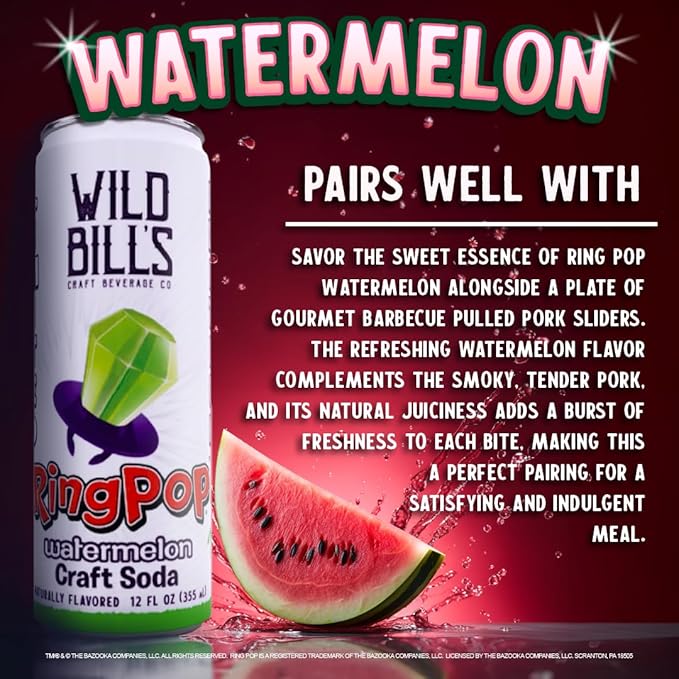 Wild Bill’s Watermelon Ring Pop Craft Soda Pop Soft Drinks - Pure Cane Sugar No HFCS Caffeine Free Vegan Gluten Free Low Sodium Lightly Carbonated – 12 Oz Cans 12 Pack