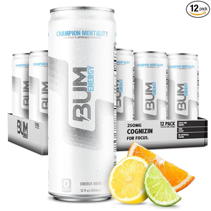 BUM Sugar-Free Energy Drink Champion Mentality - Lightly Carbonated &amp No Artificial Colors Natural Caffeine &amp Citicoline for Energy &amp Focus Brain Boost &amp Workout Sports Beverage - 1