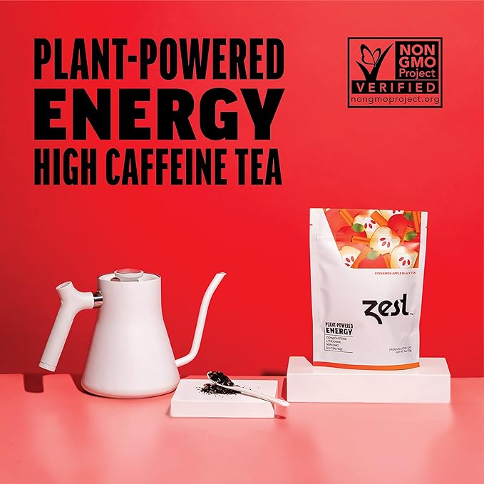 Zest Energy Tea - Cinnamon Apple Spice High Caffeine Black Tea Loose Leaf Blend - Caffeinated Coffee Altnernative/Substitute - Natural Non-GMO &amp Keto Friendly - Hot or Iced - 50 Servings - 150mg