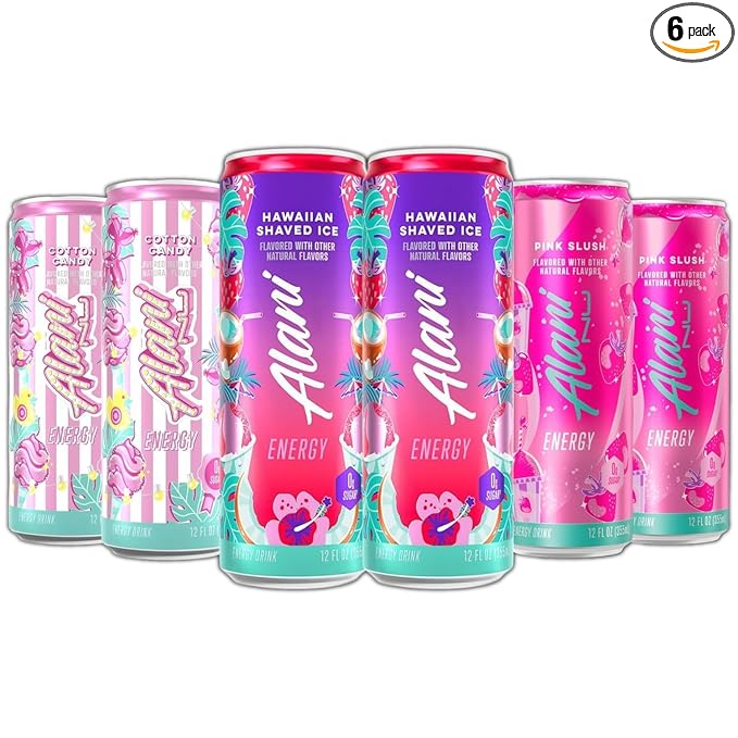 New Alani Energy Drinks Cotton Candy Hawaian Shaved Ice Pink Slush Variety Pack Sugar-Free Low-Calorie 200mg Caffeine Energy Boost Drink 12 fl oz (Pack of 6)