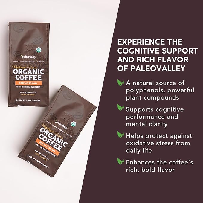 Paleovalley Organic Ground Coffee 10oz - Regular Low Acid Single-Origin Polyphenol-Rich Infused with Mushrooms