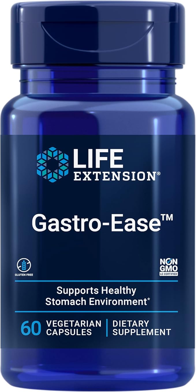 Life Extension Gastro-Ease™ zinc L-carnosine Pylopass™ Lactobacillus reuteri probiotics Digestion Supplement Gut Health Stomach Comfort Gluten-Free Non-GMO Vegetarian 60 Capsules