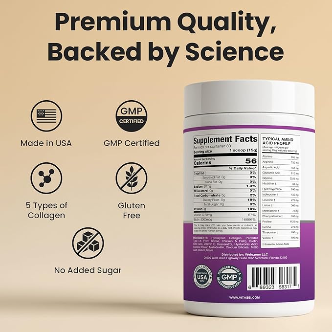 VITASEI Hydrolyzed Collagen Peptides Powder with Resveratrol &amp Vitamin C – Hair Skin &amp Joint Support – Colágeno Hidrolizado for Women &amp Men – Soy-Based Formula – Coconut Flavor 16 oz (30