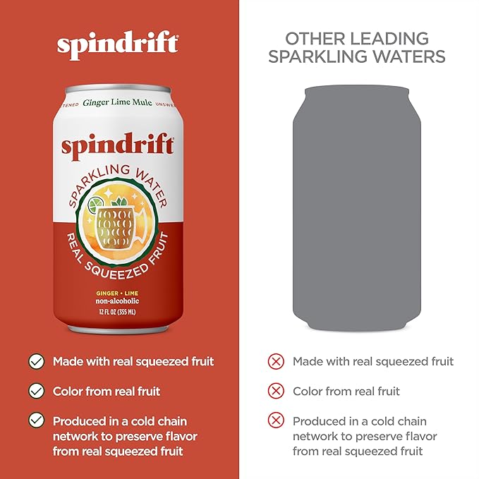 Spindrift Sparkling Water Ginger Lime Mule Flavored Made with Real Squeezed Fruit 12 Fl Oz Cans Pack of 24 (Only 11 Calories per Can)