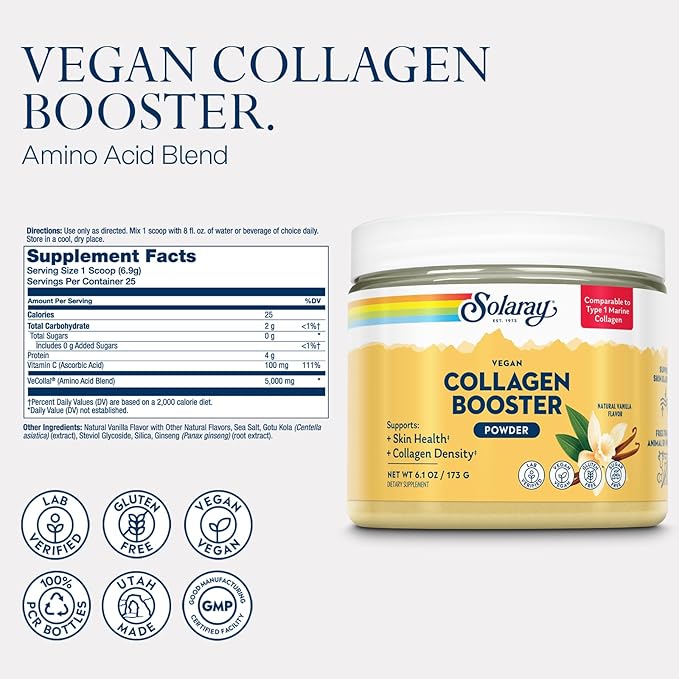 SOLARAY Vegan Collagen Booster - Type 1 Marine Collagen Powder Alternative - Skin Health and Collagen Density Support - Gluten Free Sugar Free Lab Verified - 60-Day Guarantee - 25 Servings 6.1 OZ