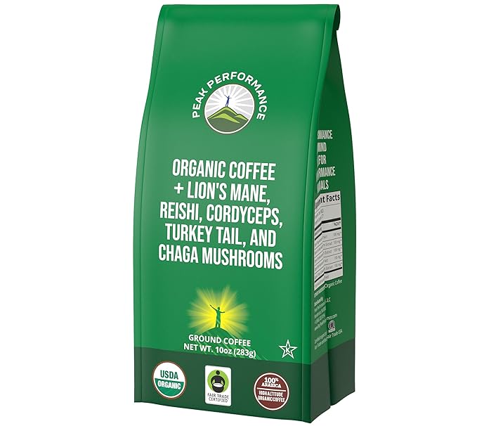 Organic Low Acid Mushroom Coffee with Lion's Mane Reishi Cordyceps Turkey Tail and Chaga Mushrooms - Great Tasting Premium High Altitude Medium Roast Ground Bags 10 oz by Peak Performance