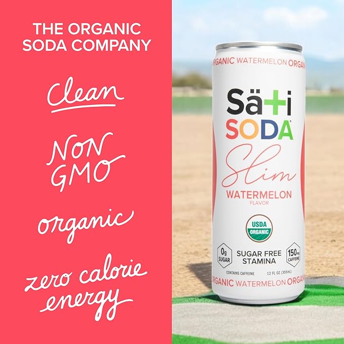 Sati Slim Organic Watermelon Soda - Adaptogenic Beverage with Lions Mane Green Coffee Bean &amp Acerola Vitamin C | Zero Calories Zero Sugar 12-Pack Case (12 Pack of 12 Ounce Cans Watermelon)