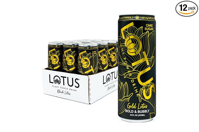 Gold Lotus Plant Power Drink™ | Pure Cane Sugar | 160 mg Natural Caffeine from Green Coffee Bean | Plant-Based Ingredients | 12 oz Cans | 12 Count