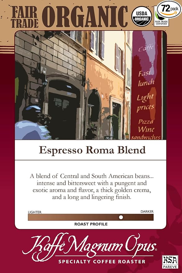 Kaffe Magnum Opus Espresso Roma Blend Ground Coffee Fair Trade Organic 72 Packs of 2.5 oz Each