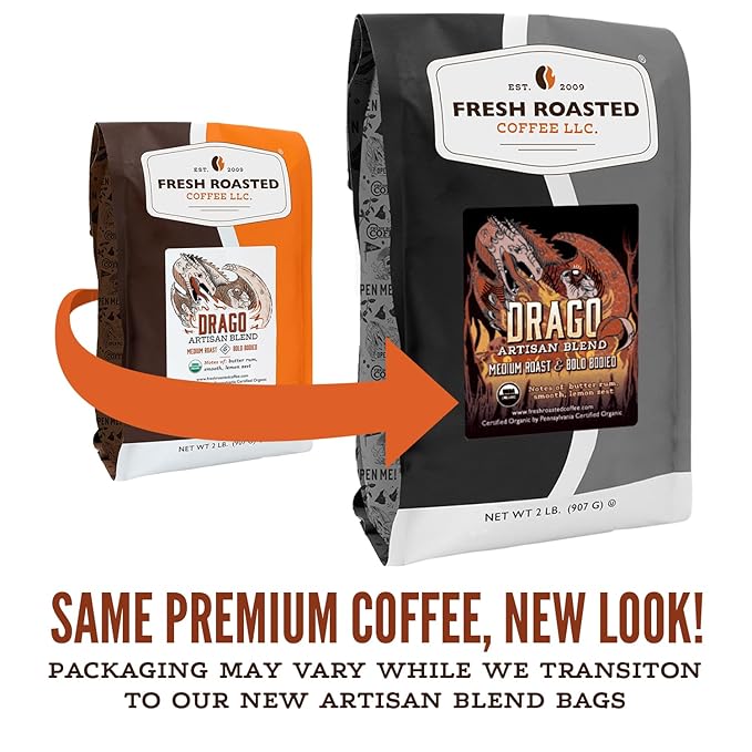 Fresh Roasted Coffee Organic Drago Café Blend | USDA Organic Kosher | Medium Roast 2 lb (32 oz) Whole Bean
