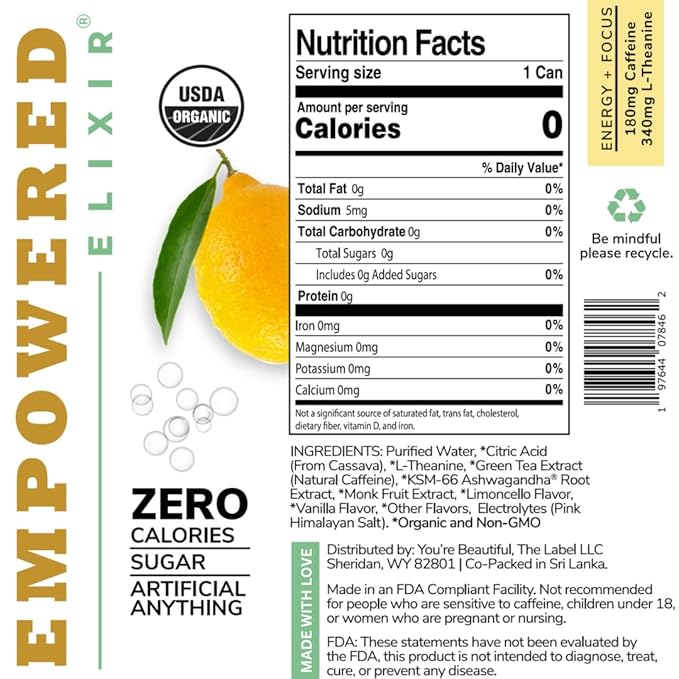 Sparkling Limoncello Infused Energy &amp Focus Drink | Green Tea (Natural Caffeine) L-Theanine Ashwagandha Electrolytes |12oz. Cans (Pack of 12)