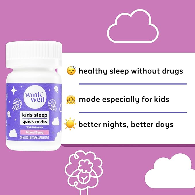 Wink Well Kids Chewable Melts- Kids Sleep Aid Chews with Melatonin 1mg- Quick Deep Toddler Sleep Aid Drug-Free-Fast Non-Habit-Forming Dissolve Tablets- 30 Melts (Pack of 2)