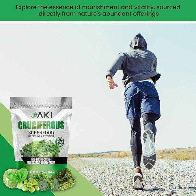 AKI Cruciferous Superfood Green Mix Powder - Made from Kale Broccoli Brussels Sprouts Cabbage - Packed with Essential Phytonutrients &amp Vitamins ((16oz/454g))