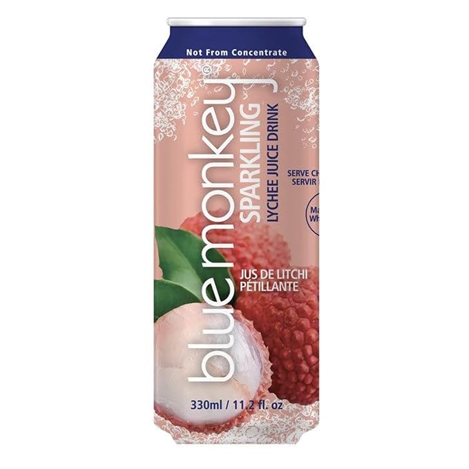 Blue Monkey Sparkling Lychee Juice - Real Fruit Juice No Sugar Added All Natural Lightly Carbonated Halal Certified - Refreshing Tropical Sparkling Water Alternative - 11.2oz (330ml) 12 Pack (11.2