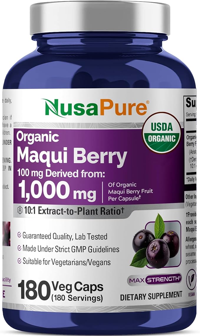 NusaPure USDA Organic Maqui Berry 10:1 Extract 100 mg Equivalent to 1000 mg 180 Veg Caps Suitable for Vegetarians and Vegans Non-GMO