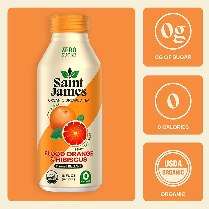 Saint James Iced Tea - Organic Black Tea - Non-GMO Gluten Free Zero Calorie Zero Sugar - Blood Orange 12 Pack (16 fl oz each)